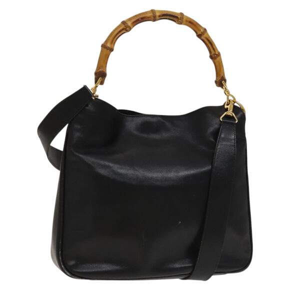 GUCCI Bamboo Hand Bag Leather Black Gold 001 2113 001 2113 - Picture 1 of 12